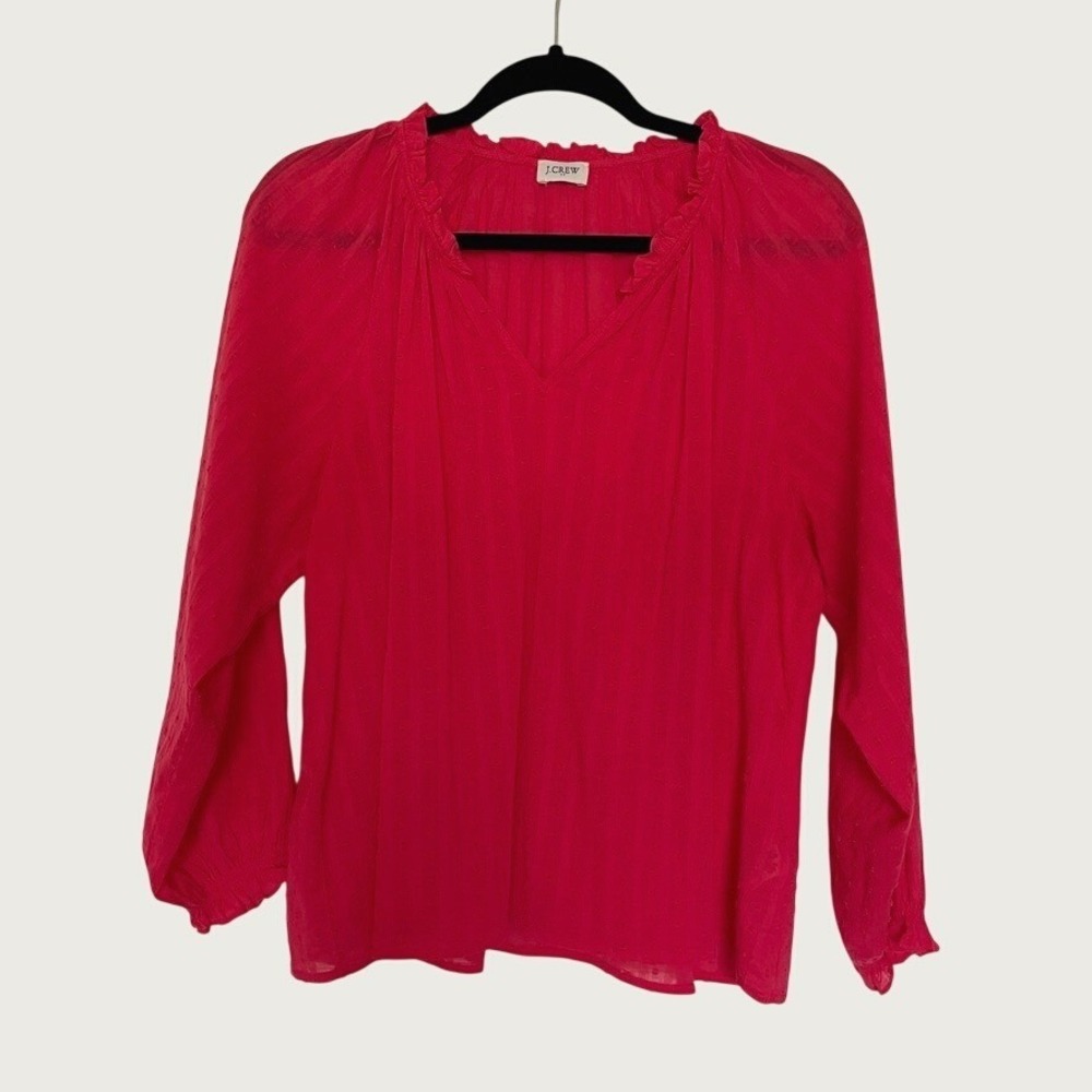 J.Crew Blouse Women L Pink Swiss Dot Ruffle Neck Dobby Cotton Long Sleeve Top